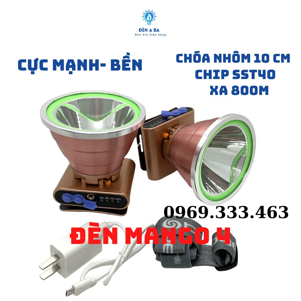 Đèn pin siêu sáng Mango 4, đèn đội đầu cao cấp sáng xa 800m có phần trăm pin chóa 10cm