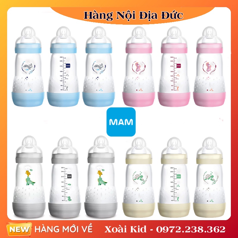 Bình sữa Mam Đức chống đầy hơi, chống sặc cho bé size 160ml, 260ml và 320ml