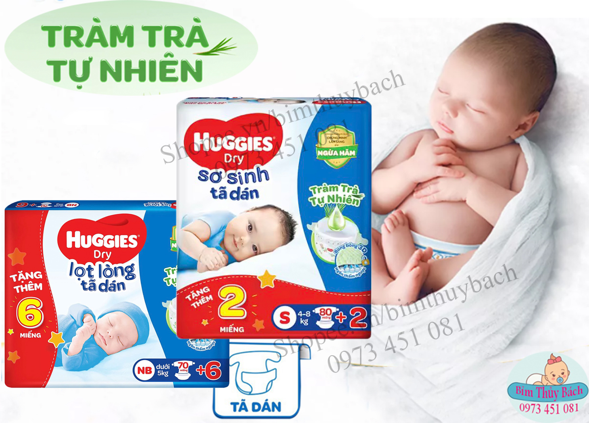 Tã dán sơ sinh Huggies S56+10,Nb74+10,NB100+8 mẫu mới bọc kén con tăm êm mềm