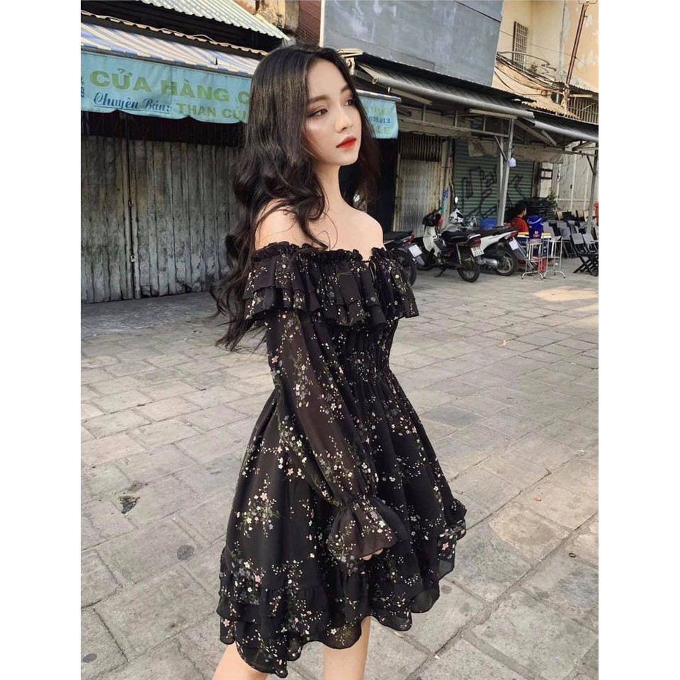 Váy Hoa Nhí Trễ Vai Thắt Chun Eo (Trắng - Đen) (Size S-M-L ...