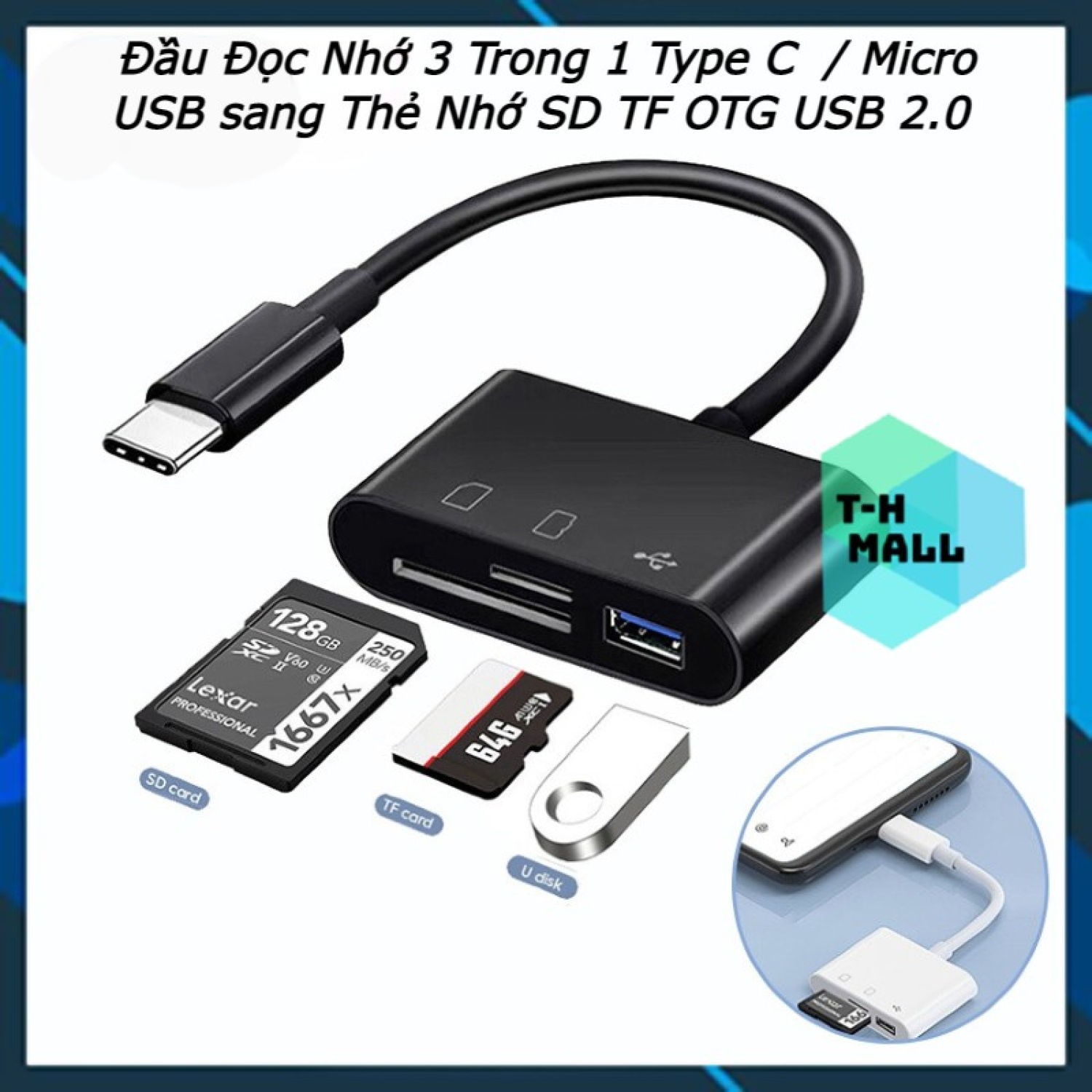 Đầu Đọc Thẻ Nhớ 3 Trong 1 Type C  / Micro USB sang Thẻ Nhớ SD Micro SD TF OTG USB 2.0 Bộ Chuyển Đổi Di Động OTG Đa Chức Năng 3 in 1