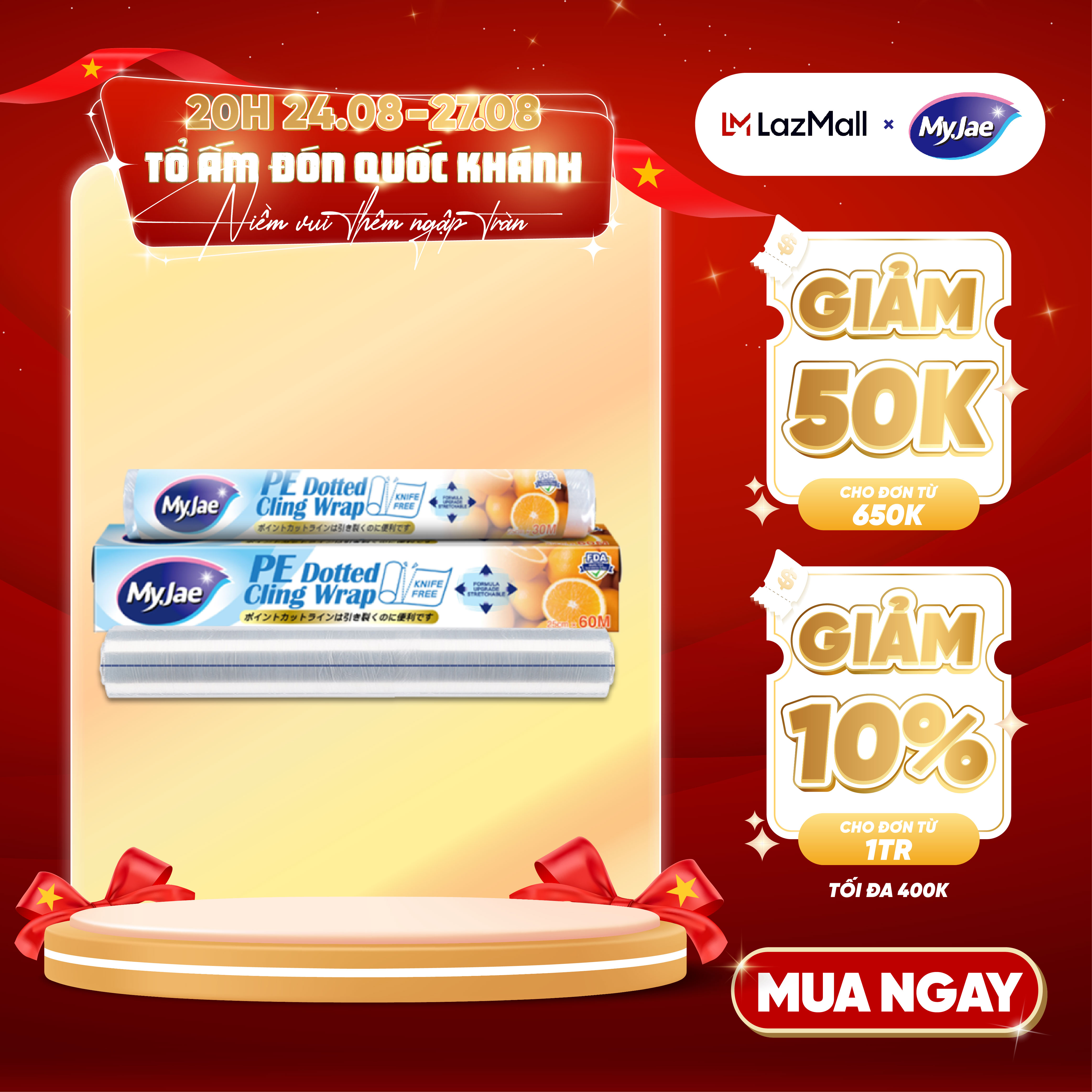 Màng bọc thực phẩm PE 60M MyJae, dạng xé chấm đứt ,co giãn tốt, bảo quản thực phẩm