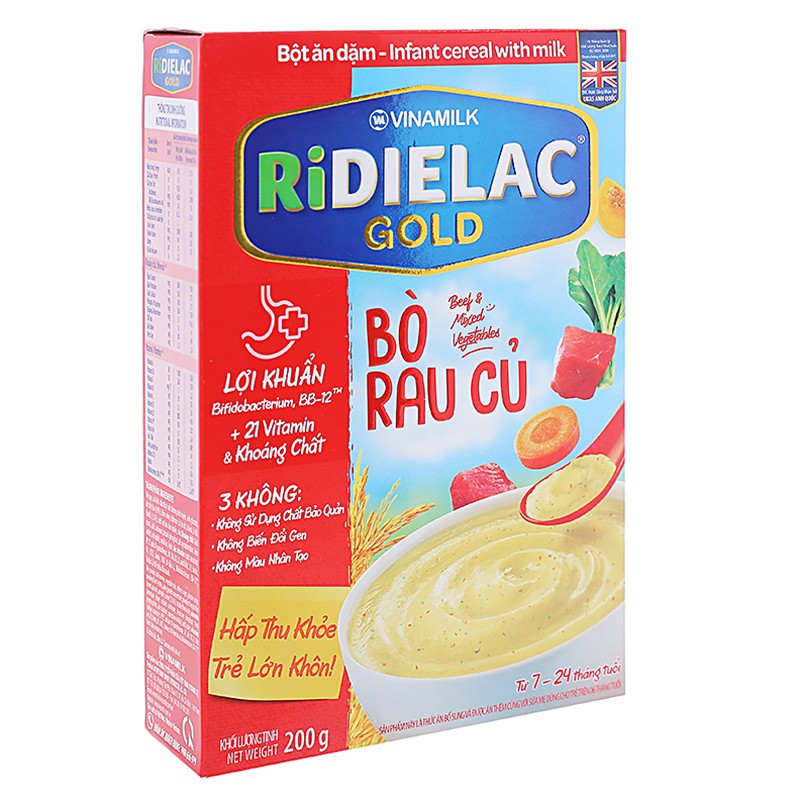 Bột ăn dặm RIDIELAC Gold bò rau củ HG 200g/hộp