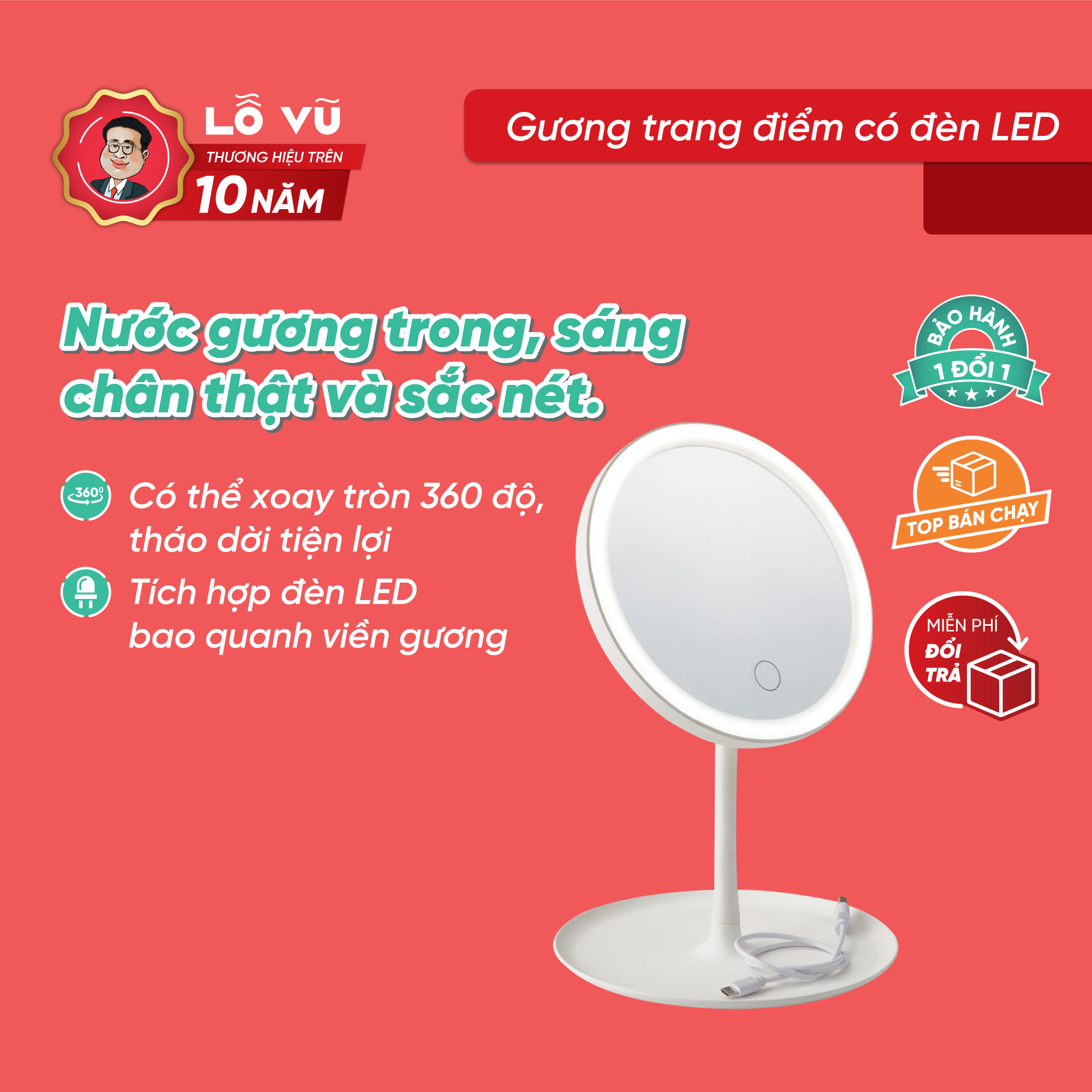 Gương trang điểm chính hãng jy.sk ve.dum, gương viền led, đường kính 18xc28cm
