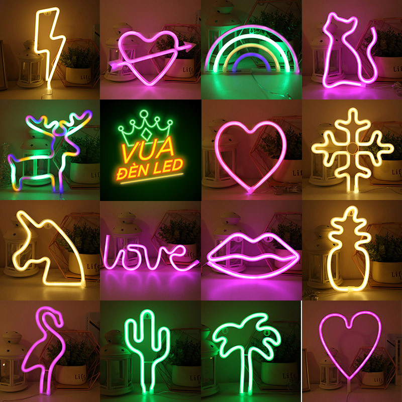 Đèn led neon trang trí phòng ngủ treo trường đa dạng kiểu dáng màu sắc, tặng móc treo, đèn neon decor