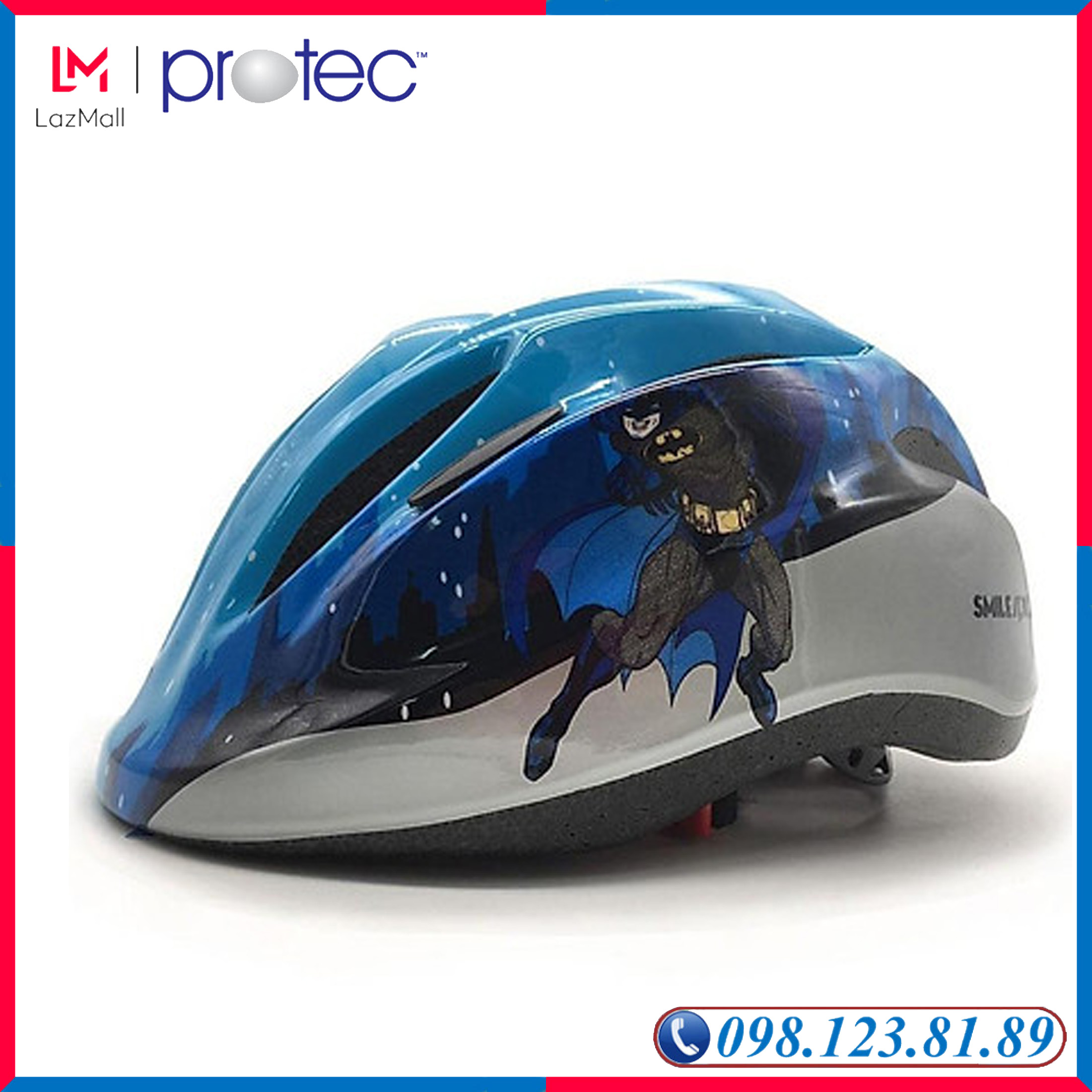 Mũ Bảo Hiểm Xe Đạp Trẻ Em Cao Cấp, Nón Bảo Hiểm Chơi Thể Thao Tiêu Chuẩn Châu Âu Protec Smile WT - 024  Họa Tiết Siêu Anh Hùng BatMan - PROTEC HELMET