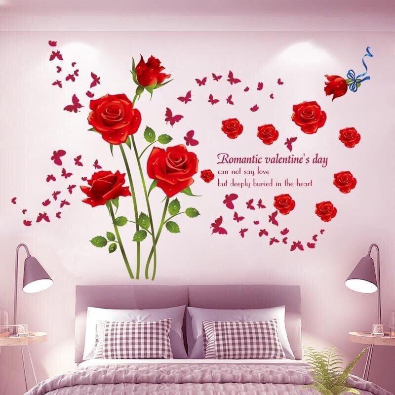 Decal dán tường hoa hồng đỏ trang trí phòng ngủ.