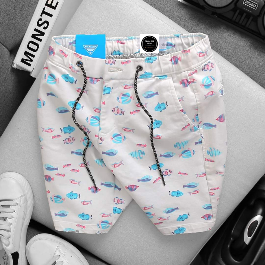 Quần short kaki nam lưng thun co giãn họa tiết cá