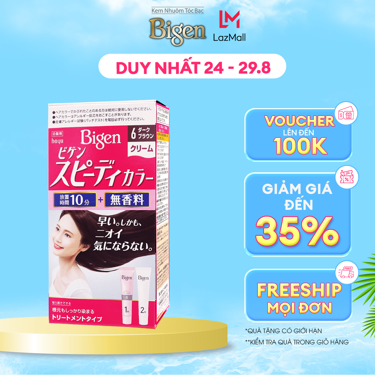 Thuốc nhuộm phủ bạc Bigen Nhật nhập khẩu từ Nhật, phủ bạc hoàn toàn, nhuộm dễ tại nhà 80gr dạng kem-Nâu Đen 6