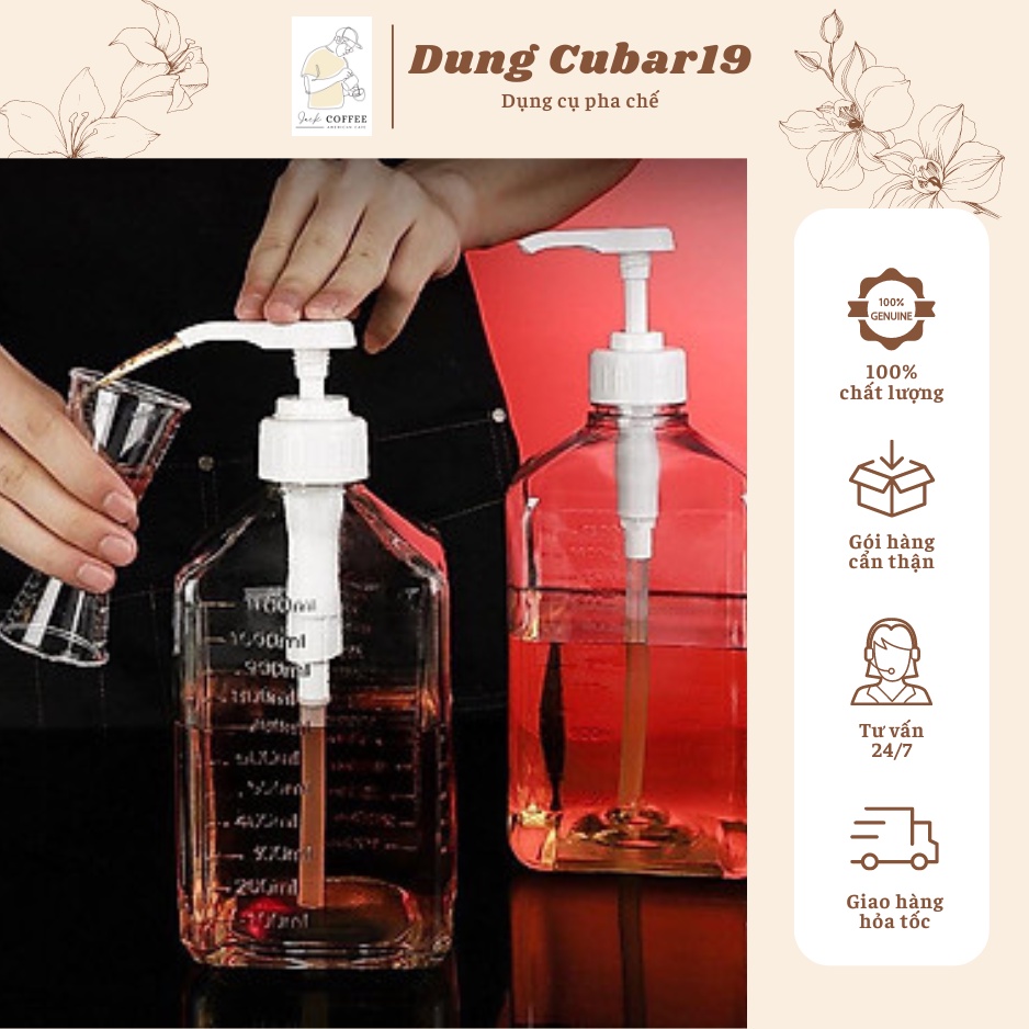 Bình bơm đường siro thủy tinh có vòi pump 1100ml, dụng cụ pha chế bình xịt thủy tinh dày cao cấp