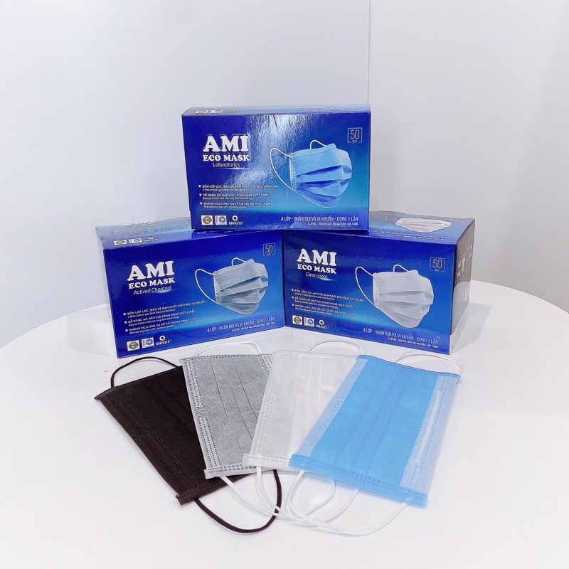 Khẩu trang y tế ami 4 mầu xanh - đen - xám - trắng hộp 50 chiếc - 4 lớp kháng khuẩn