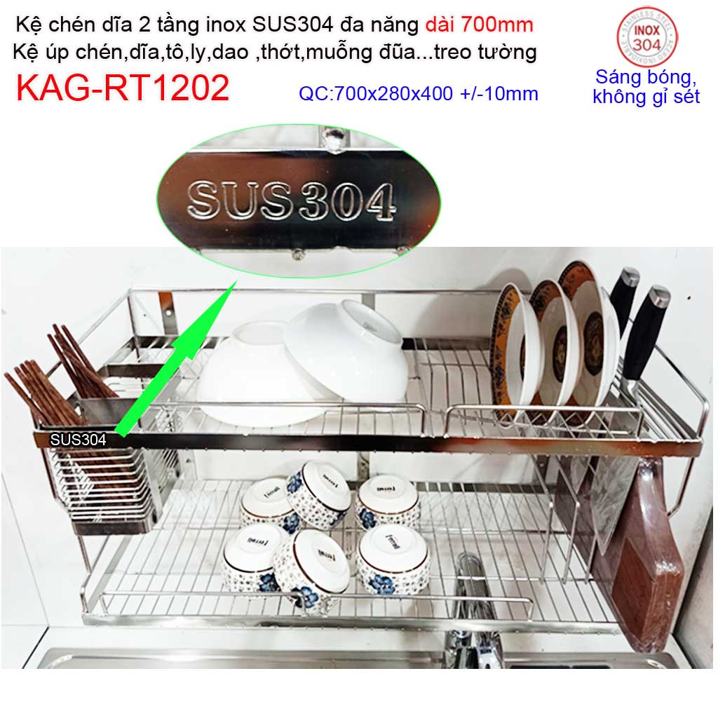 Kệ đựng chén bát 2 tầng 70cm đa năng inox 304 kệ chén dĩa 2 tầng inox roca kag-rt1202