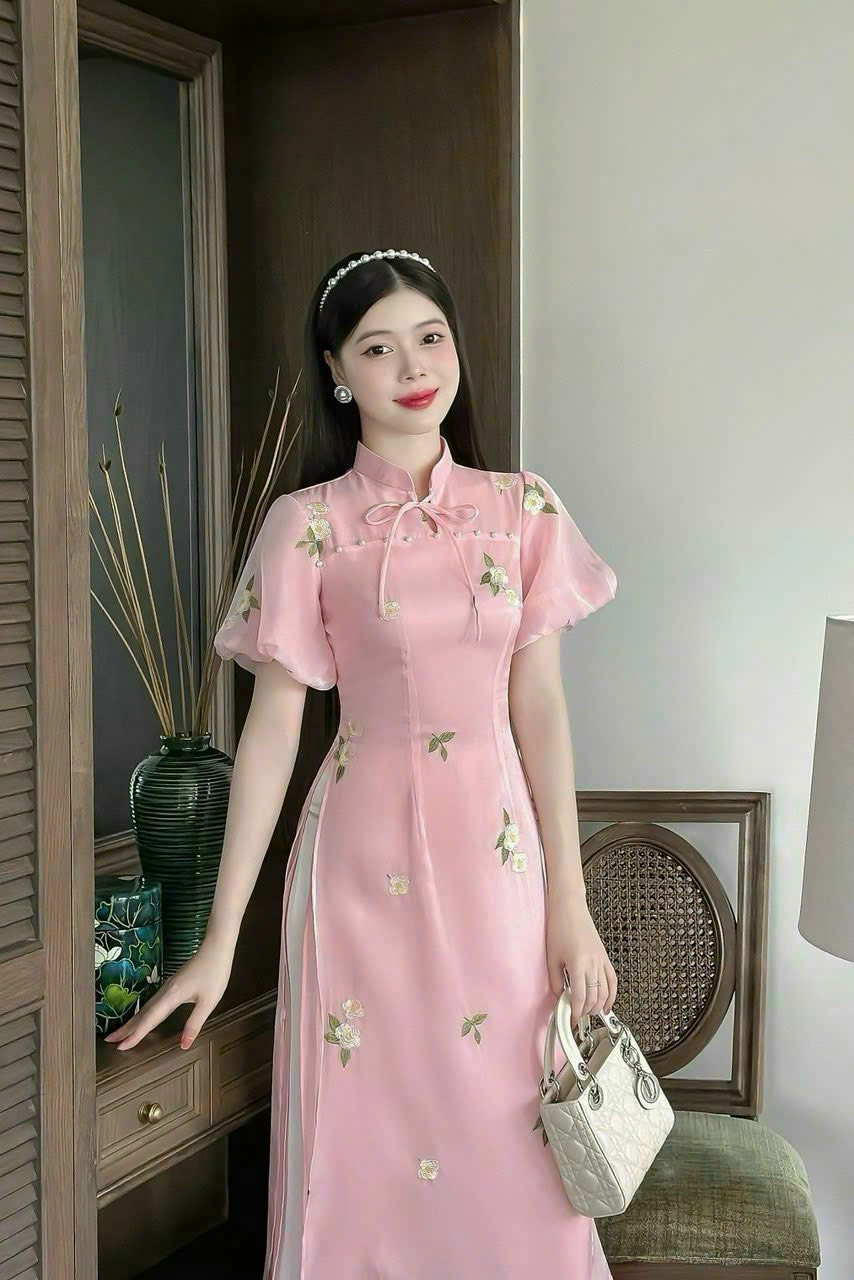 Sét áo dài cách tân nơ cổ đính cườm xinh xắn