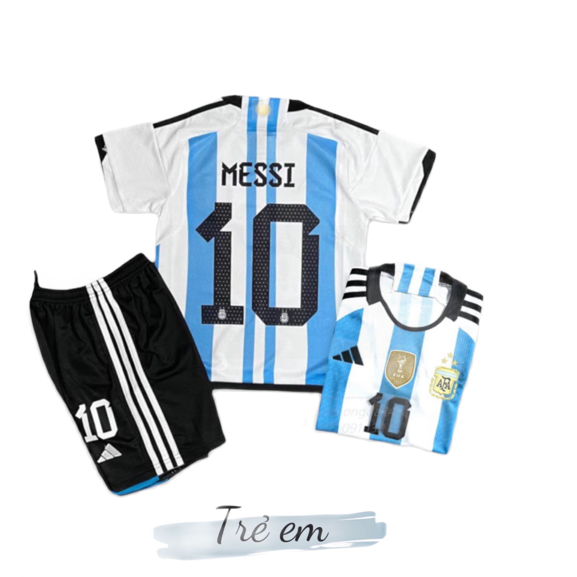 Áo bóng đá trẻ em/ bộ quần áo đá banh trẻ em đt argentina in sẵn tên số messi số 10