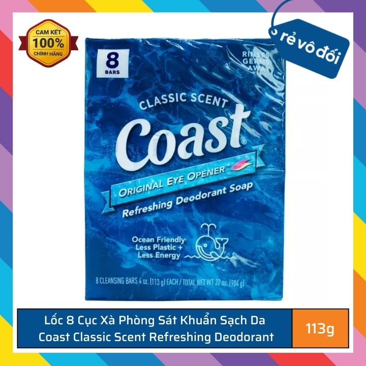 Lốc 8 cục xà phòng sát khuẩn sạch da Coast Classic Scent Refreshing Deodorant 113g - Nhập khẩu Mỹ