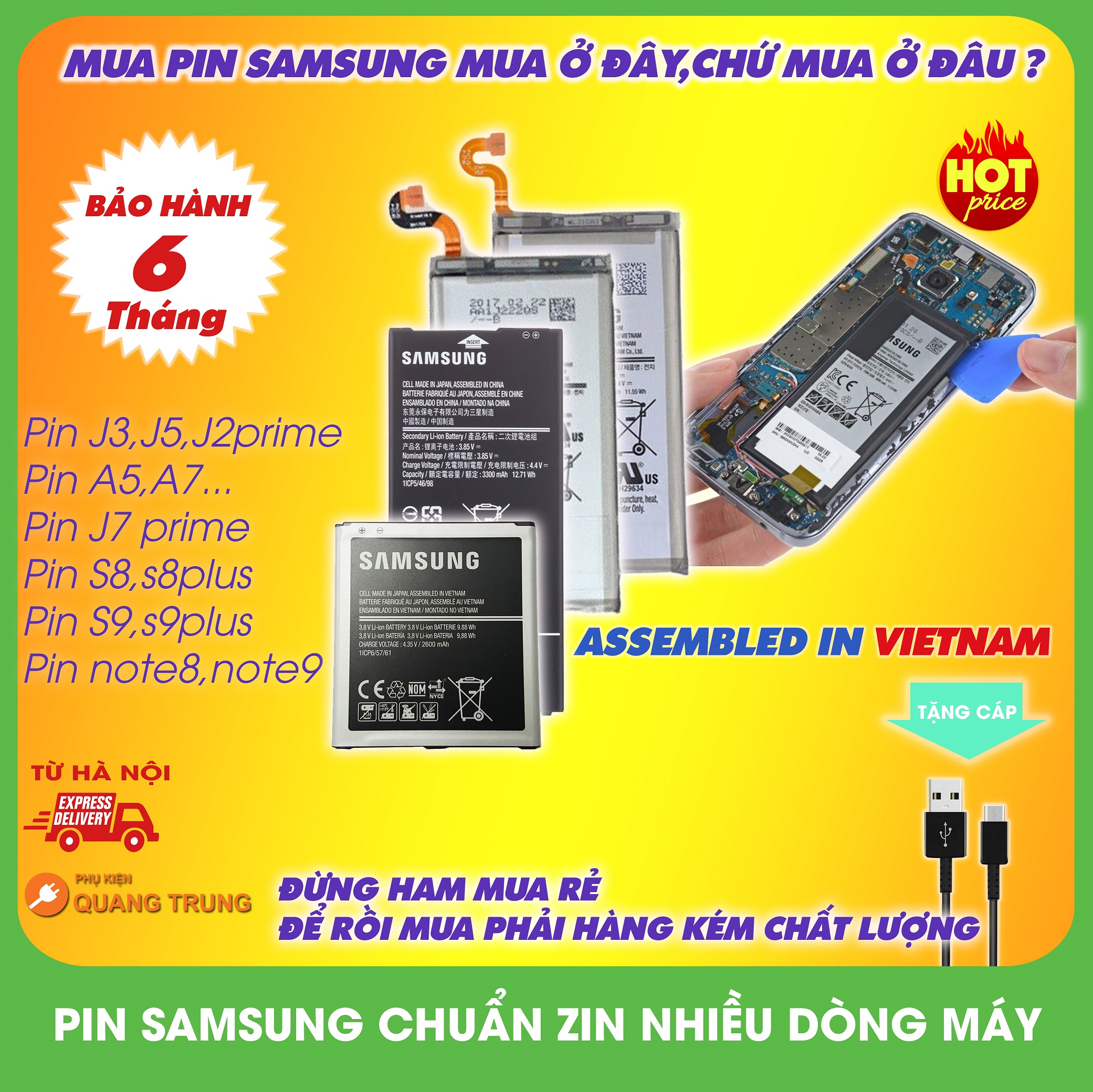 Pin samsung galaxy j2, j3, j5 2015, j510, j7prime, s6, s8, s8plus, s9, s9plus, note8, note9, s10, s10plus, s20