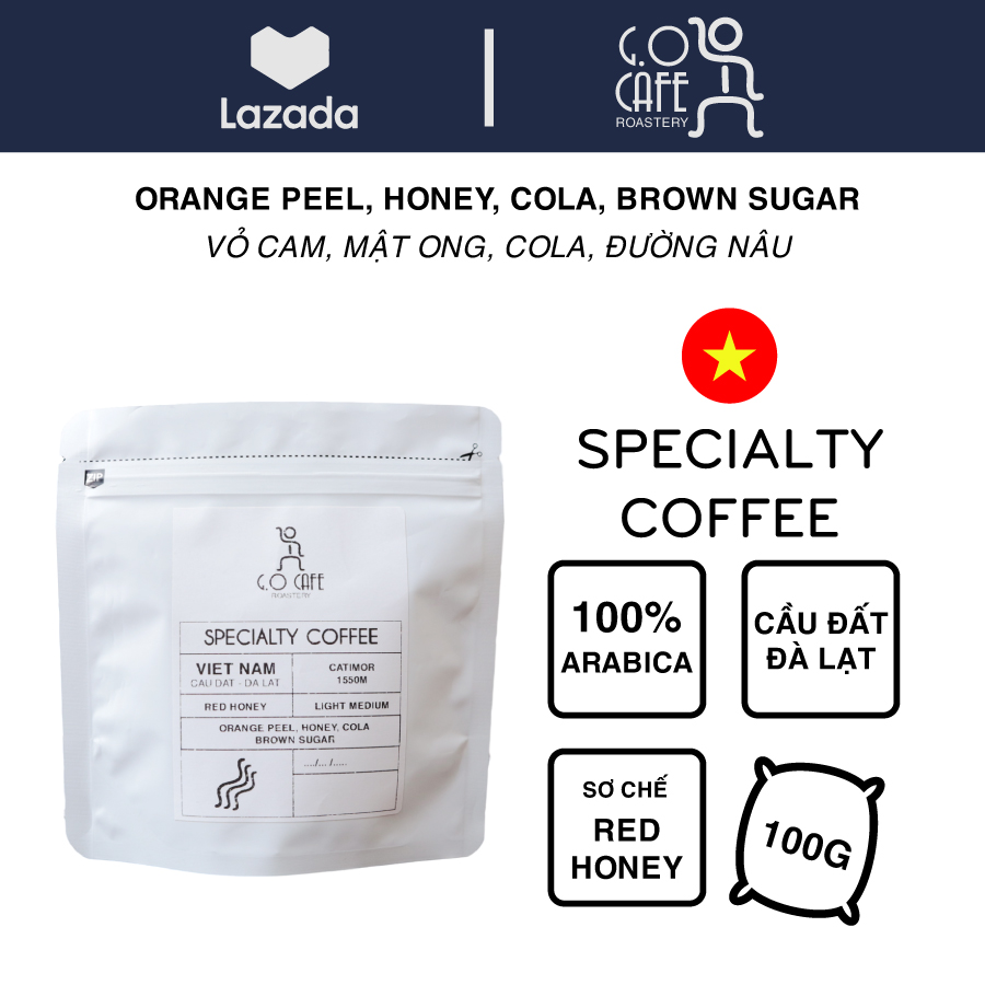 Cà phê Specialty Coffee, cafe Arabica đặc sản từ Cầu Đất, chế biến Red Honey, túi 100g - G.O Cafe Roastery