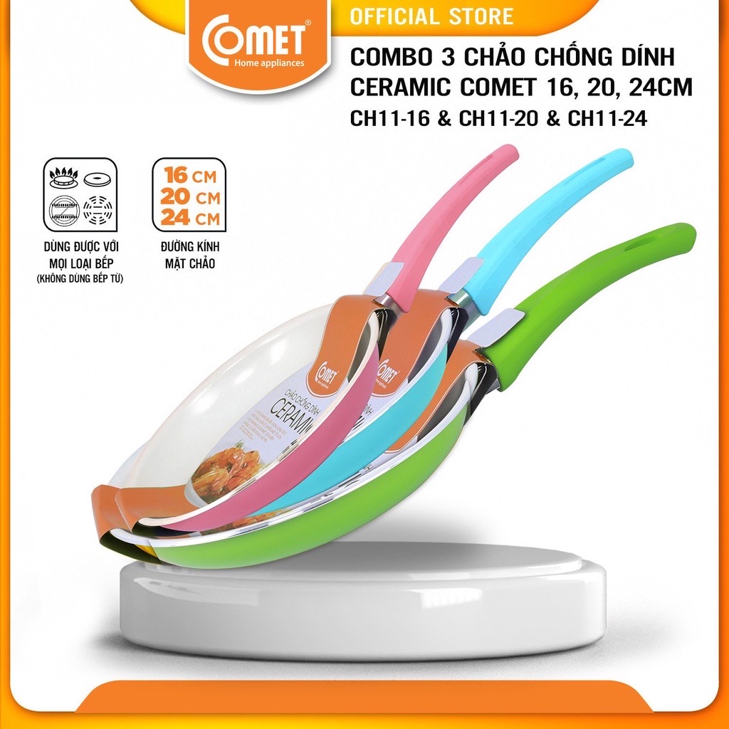 Bộ combo 03 chảo chống dính ceramic cao cấp comet size 16cm, 20cm, 26cm - ch11-16&20&26