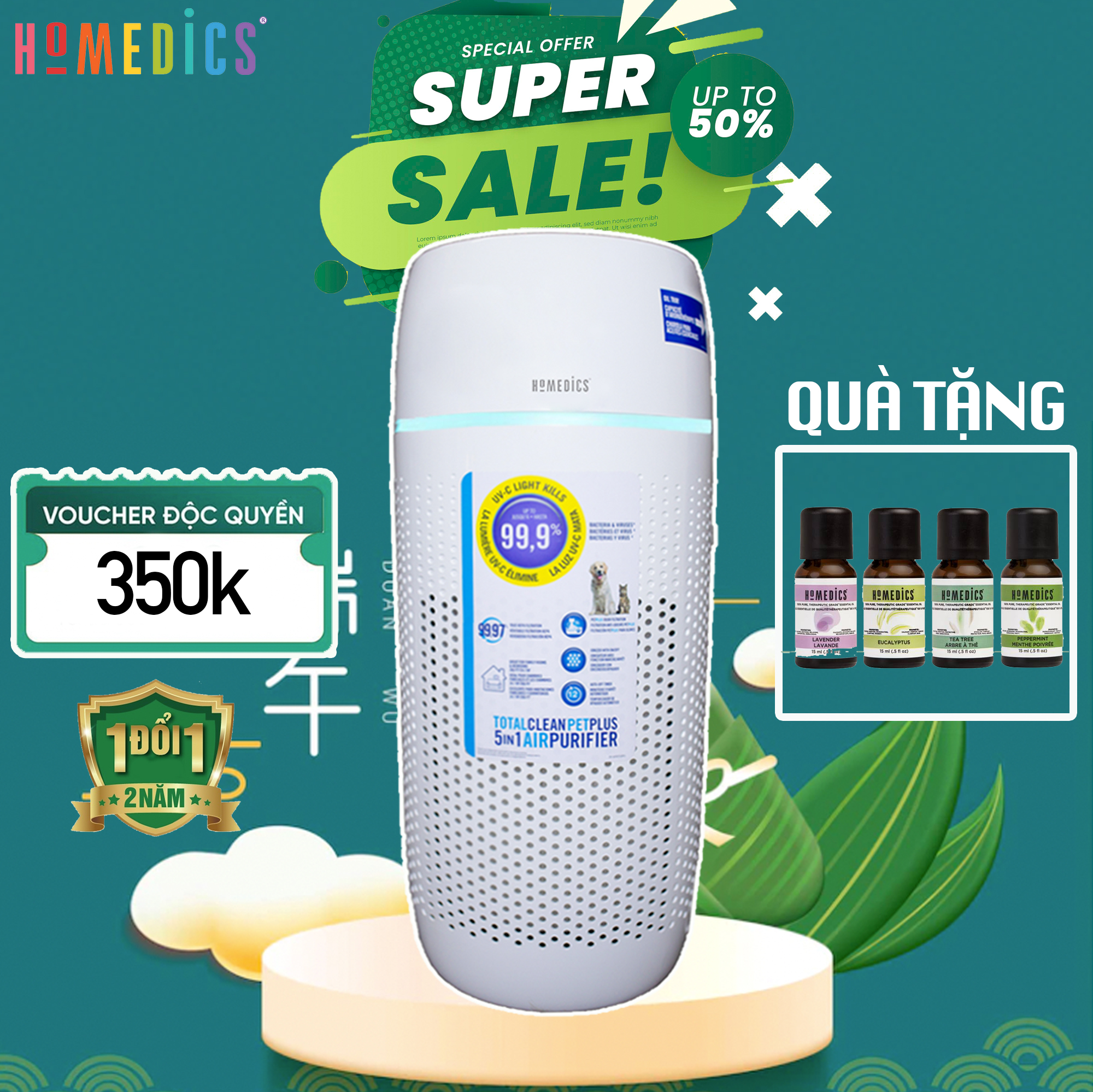 Máy lọc không khí khử mùi lông vật nuôi Homedics AP-PET35, Diệt toàn bộ Virut vi khuẩn