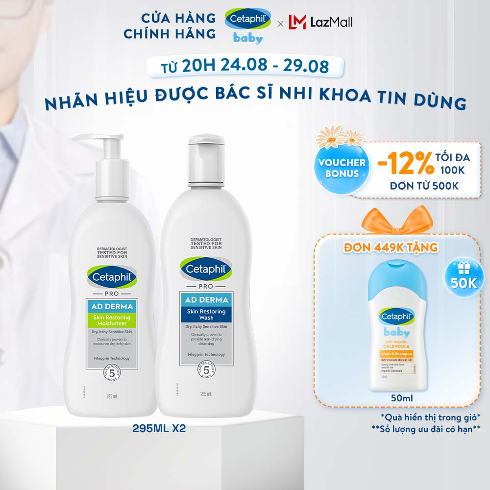 Combo Sữa tắm và Kem dưỡng ẩm cho viêm da cơ địa Cetaphil Pro AD Derma Wash 295ml + Cetaphil Pro AD Derma Moisturizer 295ml