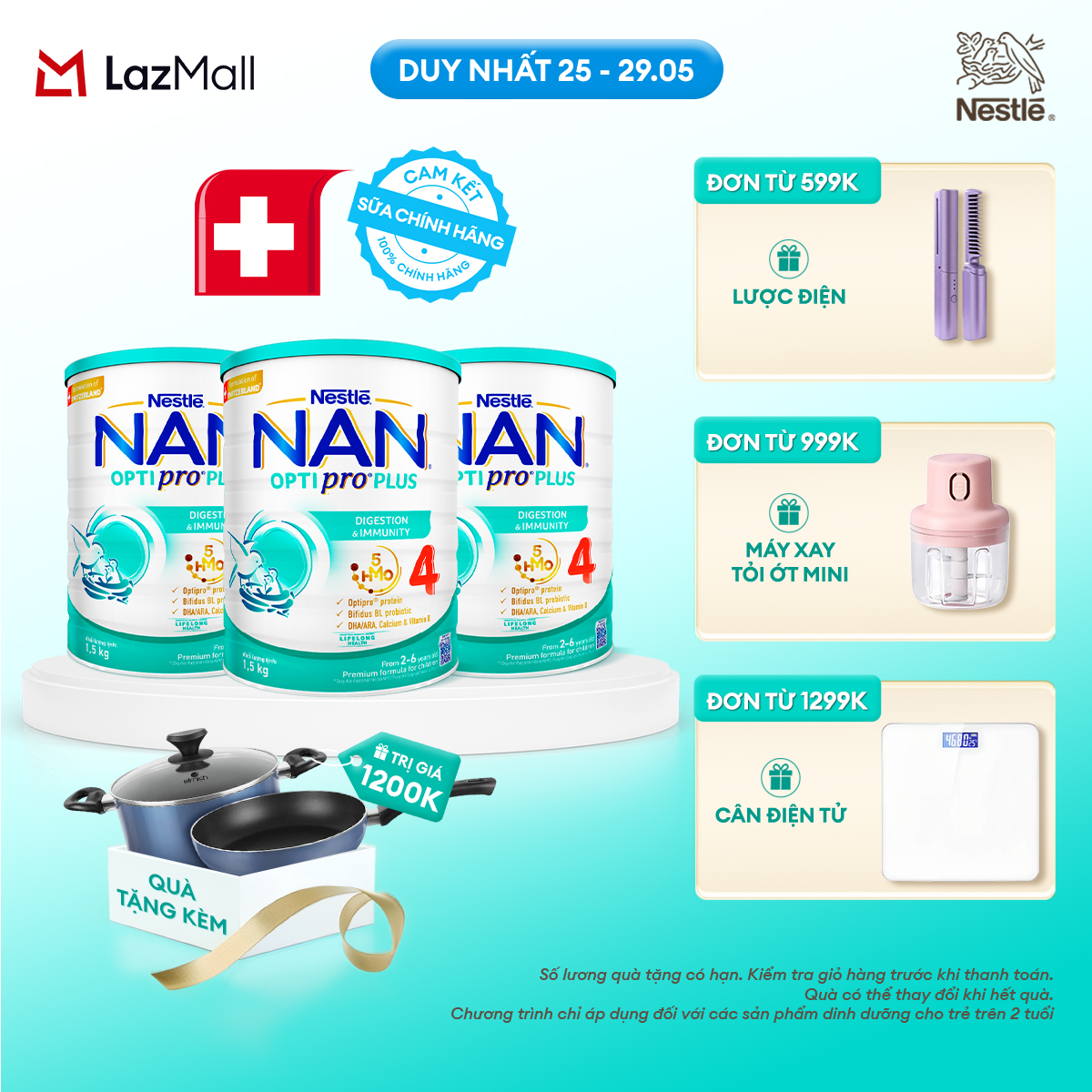 [Chỉ 25-29.05  Đơn 599K/999K/1299K] [Tặng Set Nồi Chảo Elmich] Bộ 3 lon Sữa Bột Nestlé NAN OPTIPRO PLUS 4 1500g Cho Bé 2 - 6 Tuổi: Công Thức Độc Quyền Nhập Khẩu Từ Thụy Sỹ, Chứa Phức Hợp 5-HMO
