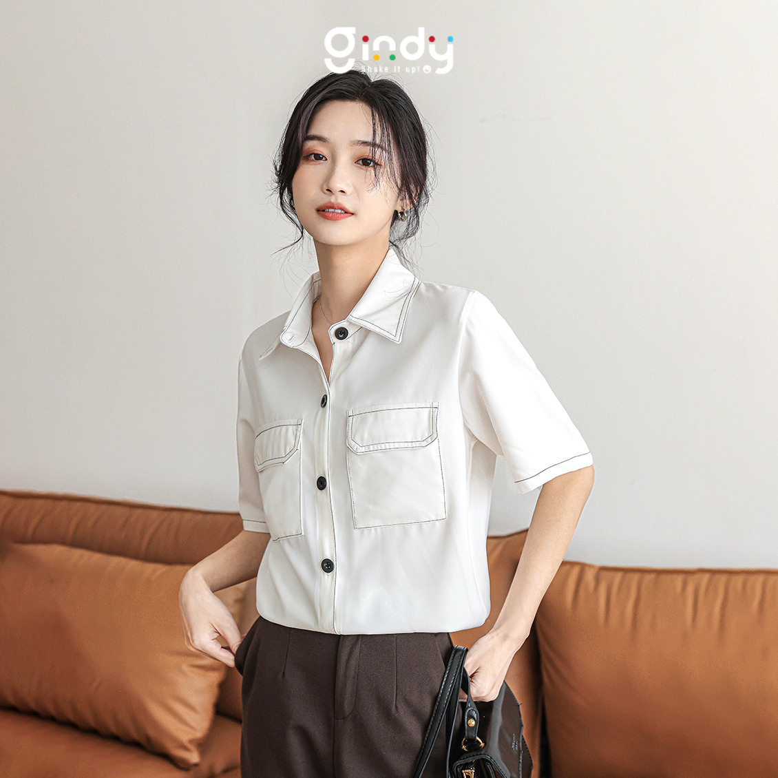 Áo sơ mi trắng nam nữ unisex GINDY áo sơ mi cổ bẻ tay ngắn viền chỉ dáng basic trơn thời trang Hàn Quốc công sở học sinh sinh viên A066