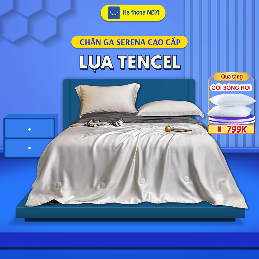 Bộ chăn ga gối đệm 5 món cao cấp Lụa Tencel 60s siêu mát mịn, trơn, nhiều màu SERENA chính hãng