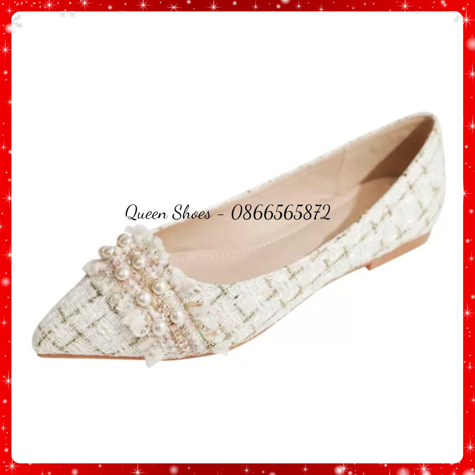 Giày bệt búp bê nữ đế bằng mũi nhọn đính kim sa kẻ caro cao cấp