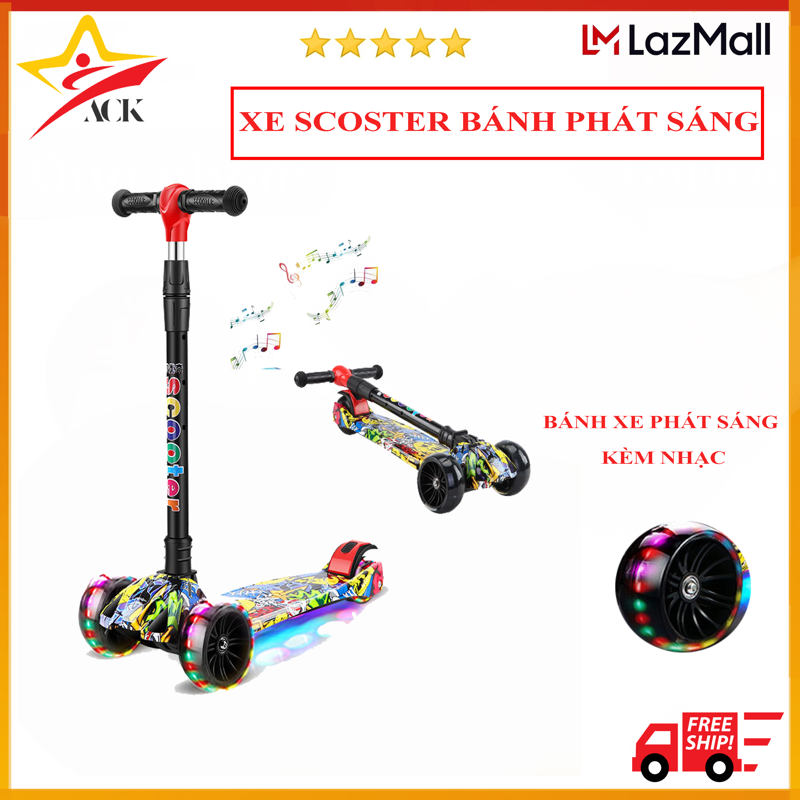 Xe trượt scooter 3 bánh -xe trượt scooter trẻ em phát sáng ack sport, có nhạc + bánh xe có đèn, chỉnh cao thấp + gấp gọn, đế 2 lớp siêu chắc chắn – tải trọng 100kg