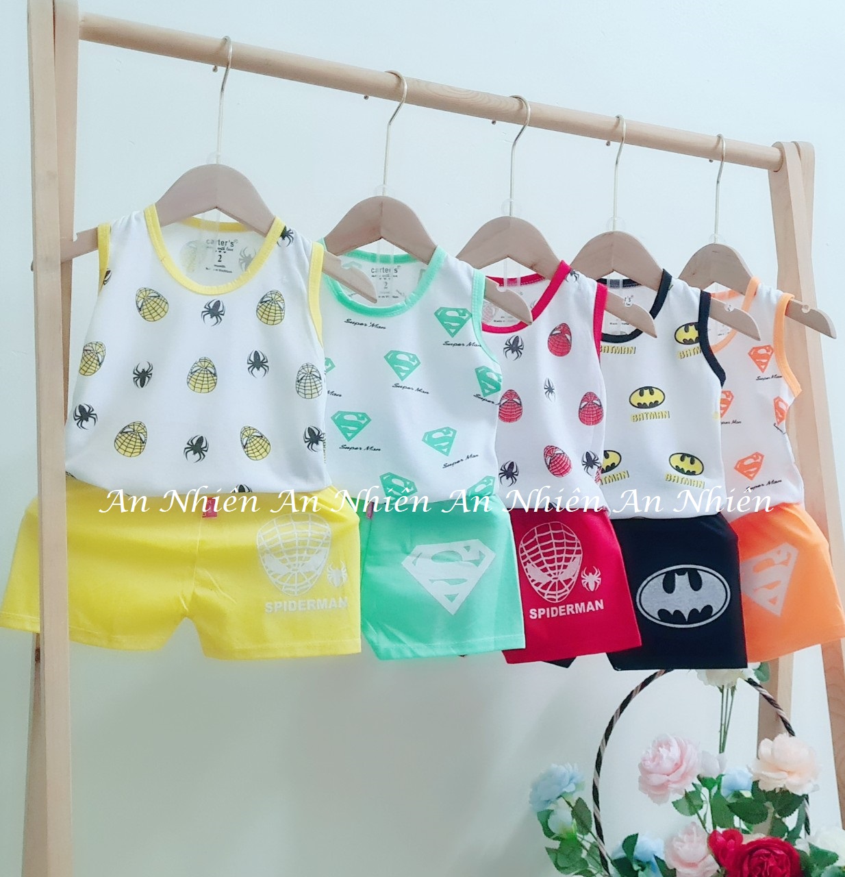 Combo quần đùi áo sát nách cotton 2 chiều cho bé từ 5 đến 16kg