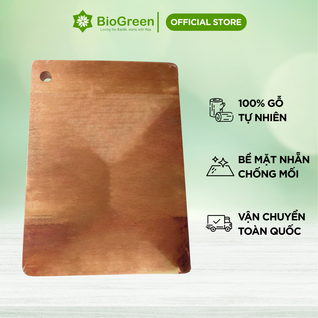 Thớt gỗ xà cừ hình chữ nhật 21 x 29 cm móc treo khoét lỗ tròn
