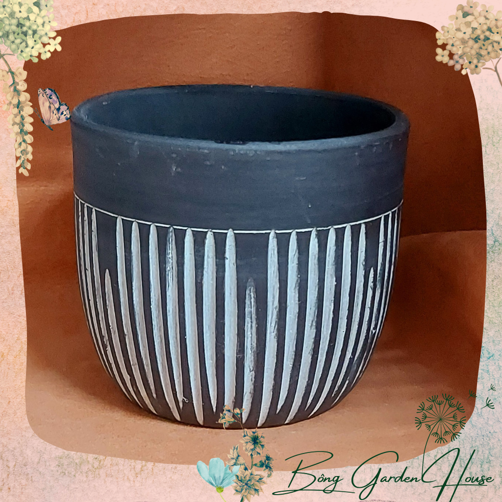 Chậu đất nung kẻ sọc Trắng Đen Bông Garden trồng cây kiểng để bàn kt miệng 14cm cao 12cm