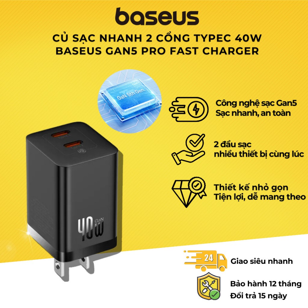 Củ Sạc Nhanh Baseus GaN5 Pro Fast Charger C+C 40W Dùng Cho i.P.h.o.n.e S.a.m.s.u.n.g M.a.c.b.o.o.k i.P.a.d