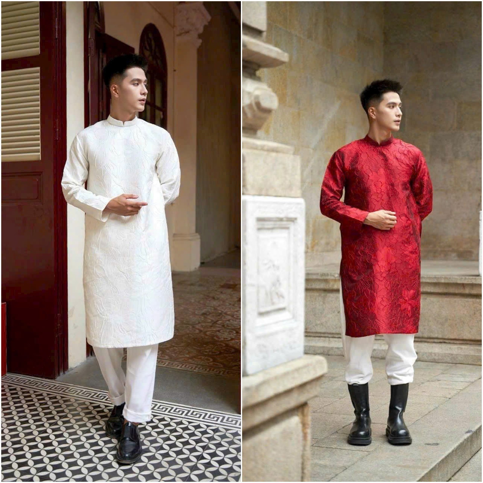 Áo Dài Cách Tân Nam Chất Liệu Gấm Dập Nổi Cao Cấp Đứng Form