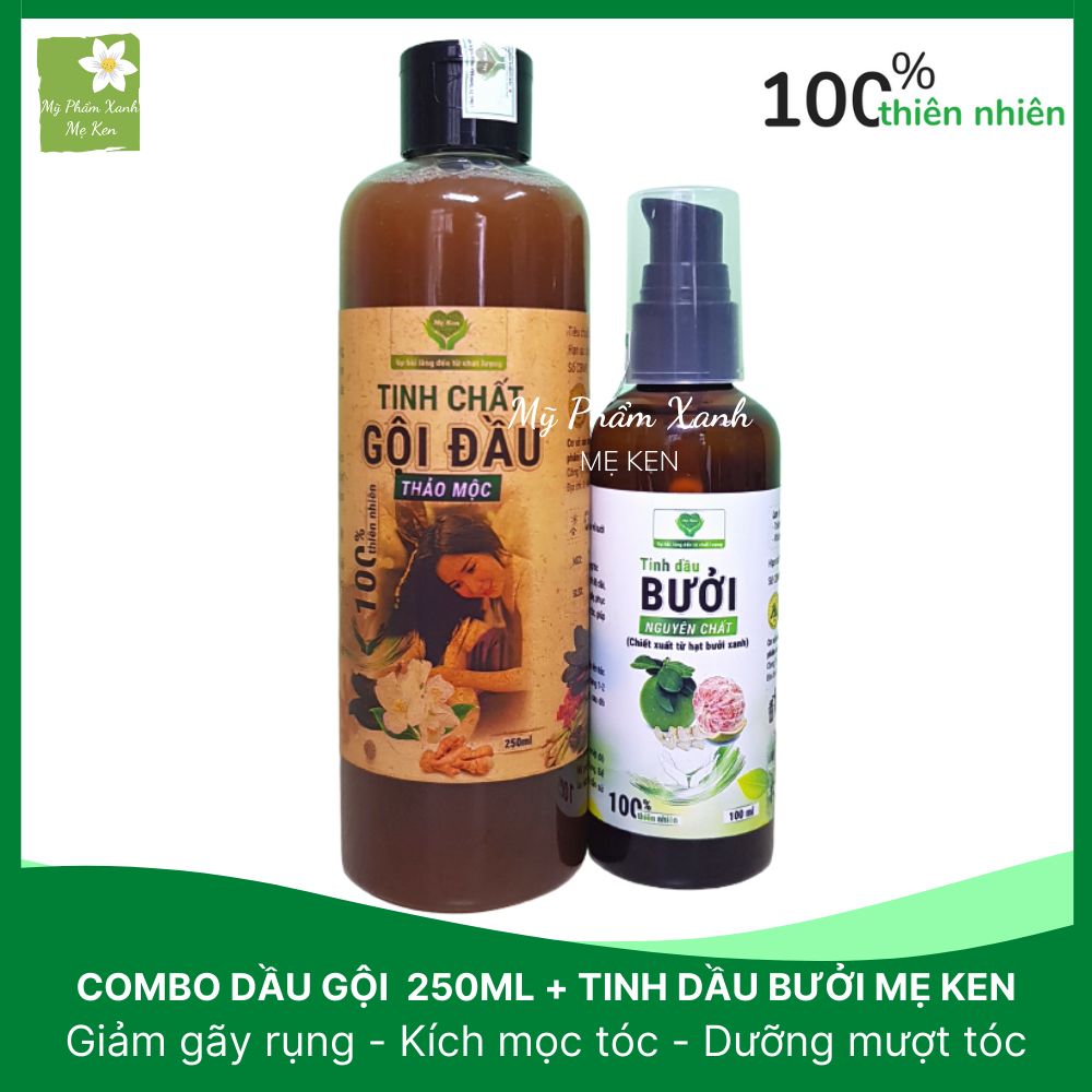 Bộ dầu gội thảo dược 250ml và tinh dầu bưởi 100ml Mẹ ken Ngăn rụng tóc, kích thích mọc tóc, sạch gàu, giảm nấm ngứa da đầu, phục hồi tóc hư tổn, nuôi dưỡng tóc chắc khỏe , suôn mượt