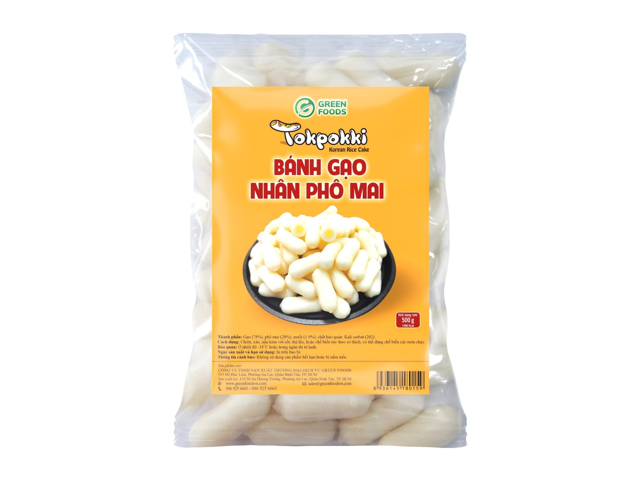 Bánh gạo tokbokki greenfood cao cấp nhân phô mai 500g, không nứt, phô mai béo ngậy