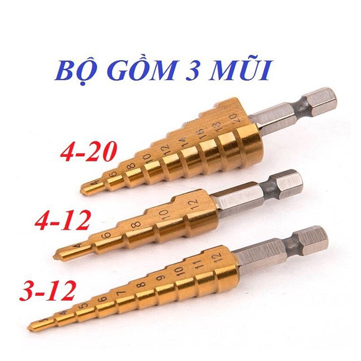 Bộ 3 mũi khoan tháp titanium 4 -20mm