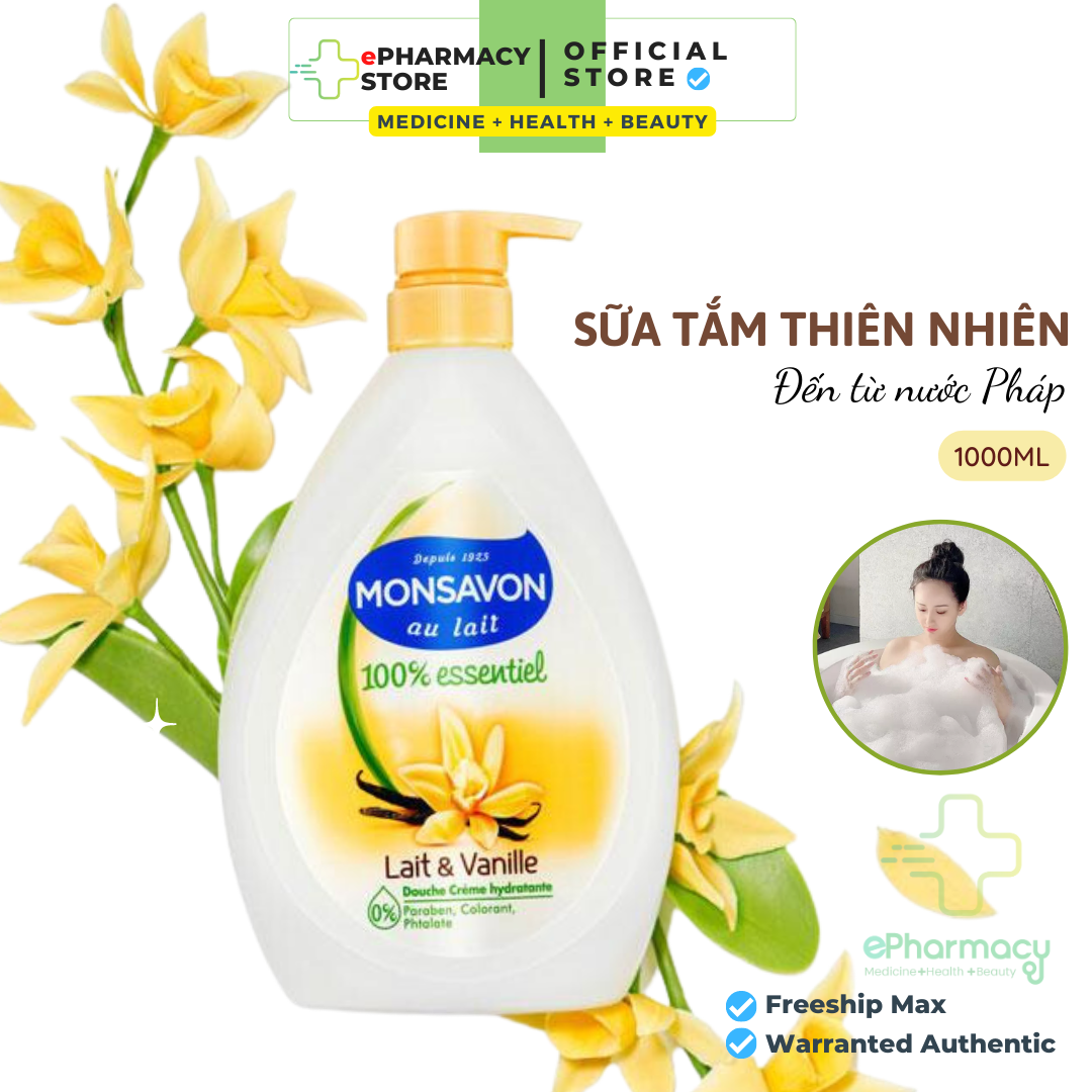  Sữa Tắm Monsavon Lait & Vanille chiết xuất sữa và hoa vani Pháp dưỡng da mềm mịn 1000ml 