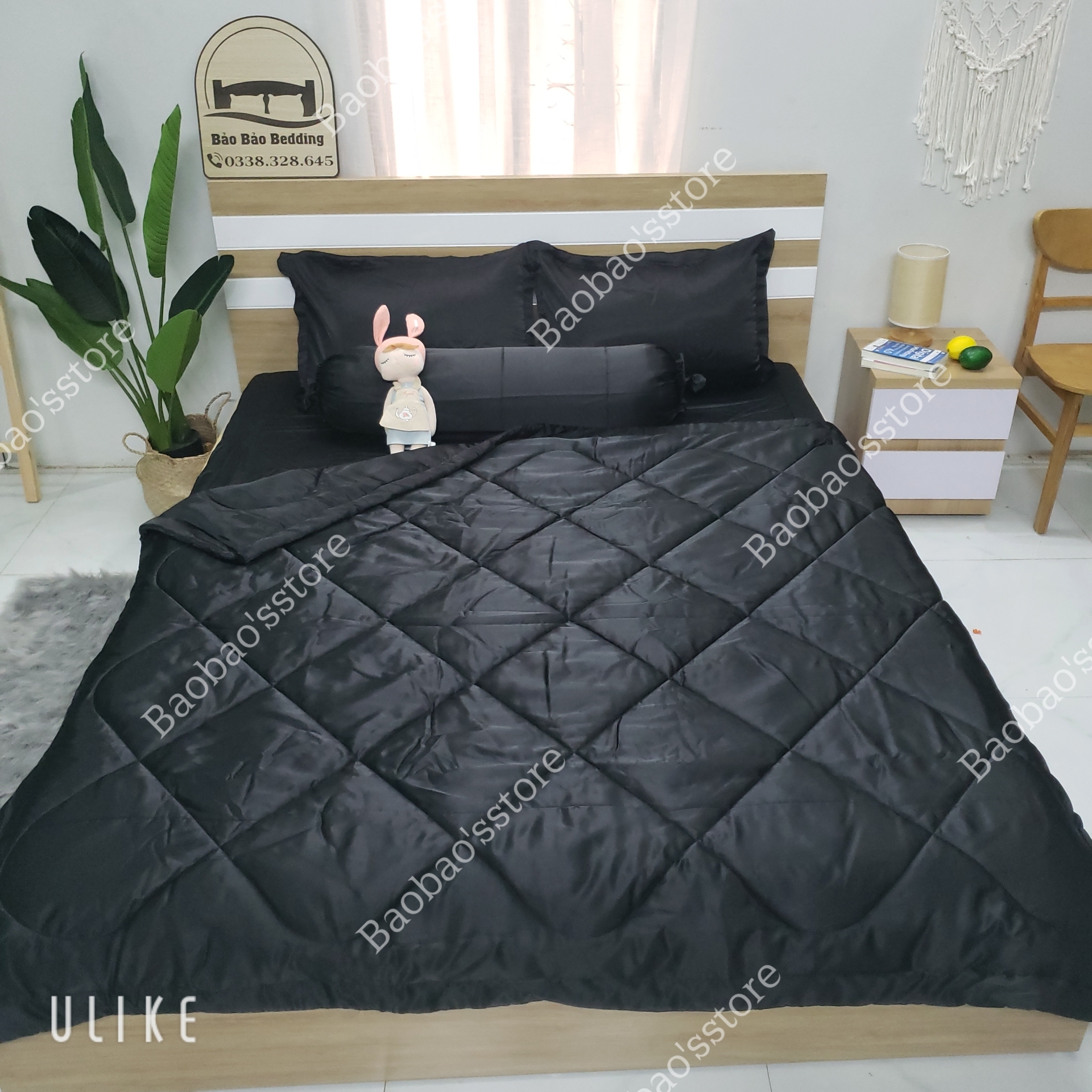 Bộ chăn ga và vỏ gối phi lụa màu đen (drap phi lụa, ga giường phi lụa)