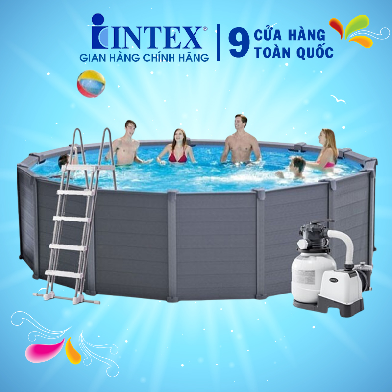 Bể bơi khung kim loại chịu lực giả gỗ 4m78 intex 26384 - hồ bơi lắp dựng bể bơi gia đình