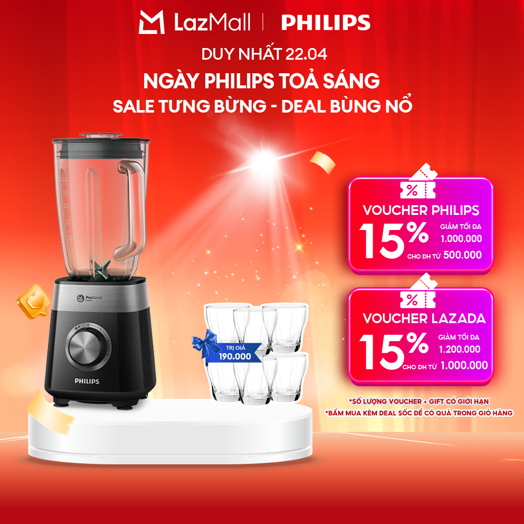 [NGÀY THƯƠNG HIỆU TỎA SÁNG DUY NHẤT 22.04] Máy Xay Sinh Tố Philips HR2228/90 |800W | lưỡi dao 6 cánh |Cối thủy tinh - Hàng Chính Hãng
