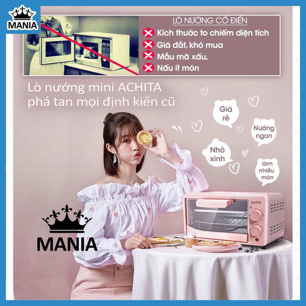 Lò nướng điện ALOTA mini LP07 dung tích 12 lít màu hồng đáng yêu gọn nhẹ, thiết kế tay cầm chống bỏng và thép chống gỉ an toàn tiện lợi, lò nướng mini quạt gió đối lưu 3D ngon hơn công nghệ cũ, Bảo hành 6 tháng - Shop MANIA