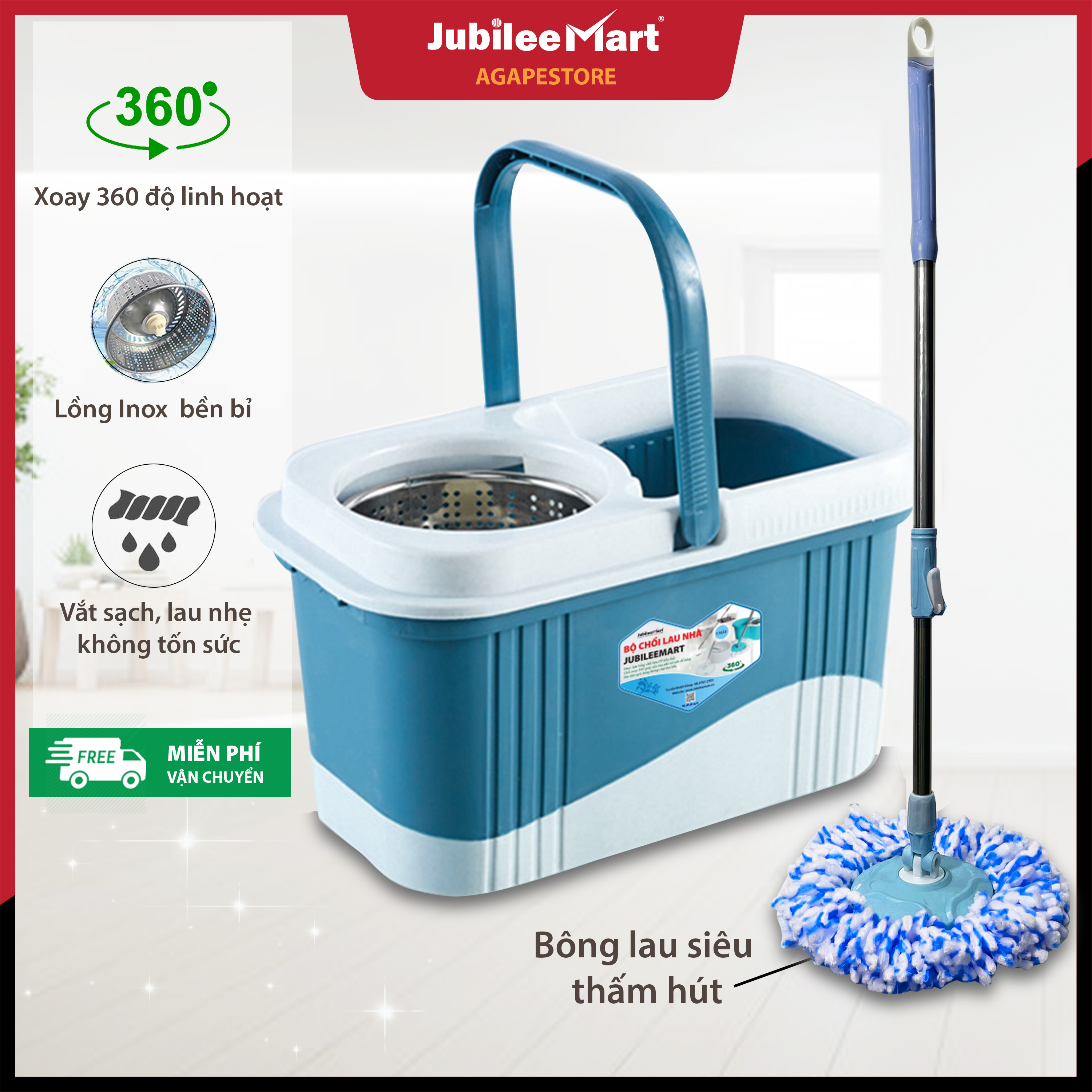 Bộ Chổi Lau Nhà Jubilee Mart, Bộ Lau Nhà 360 Độ Giá Rẻ Thông Minh Kèm Thùng Và Bông Lau Lồng Vắt Inox Xoay Nhẹ, Lau Sạch Khô Sàn Nhanh Chóng - Bông Lau màu Ngẫu Nhiên