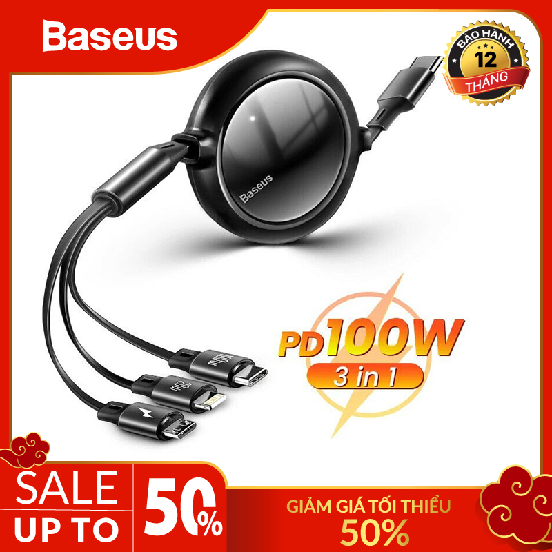 Cáp sạc dây rút 3 đầu baseus 100W Bright Mirror One-for-three Retractable Data Cable Type-C to M+L+C (1.2m, 100W)