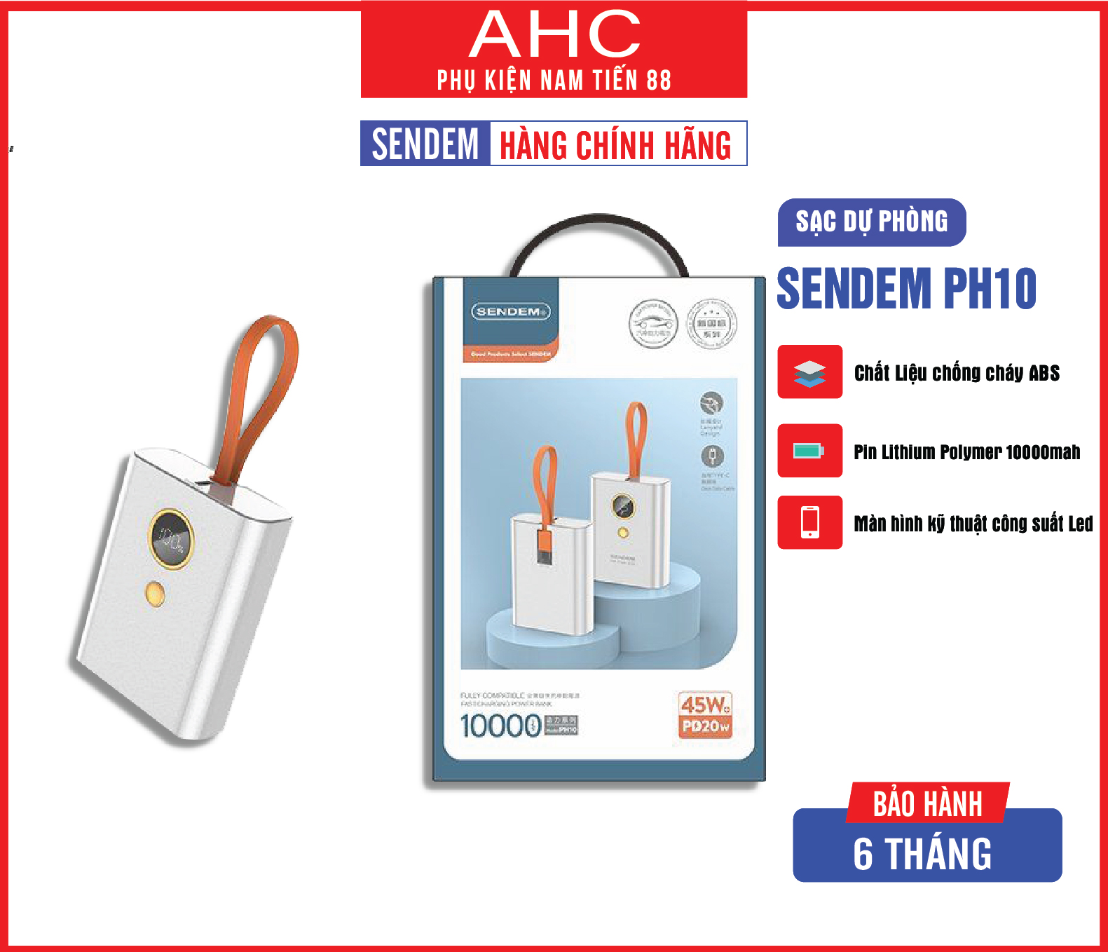 Sạc dự phòng Sendem PH10 10000Mah sạc nhanh 45W PD20W nhựa ABS cao cấp