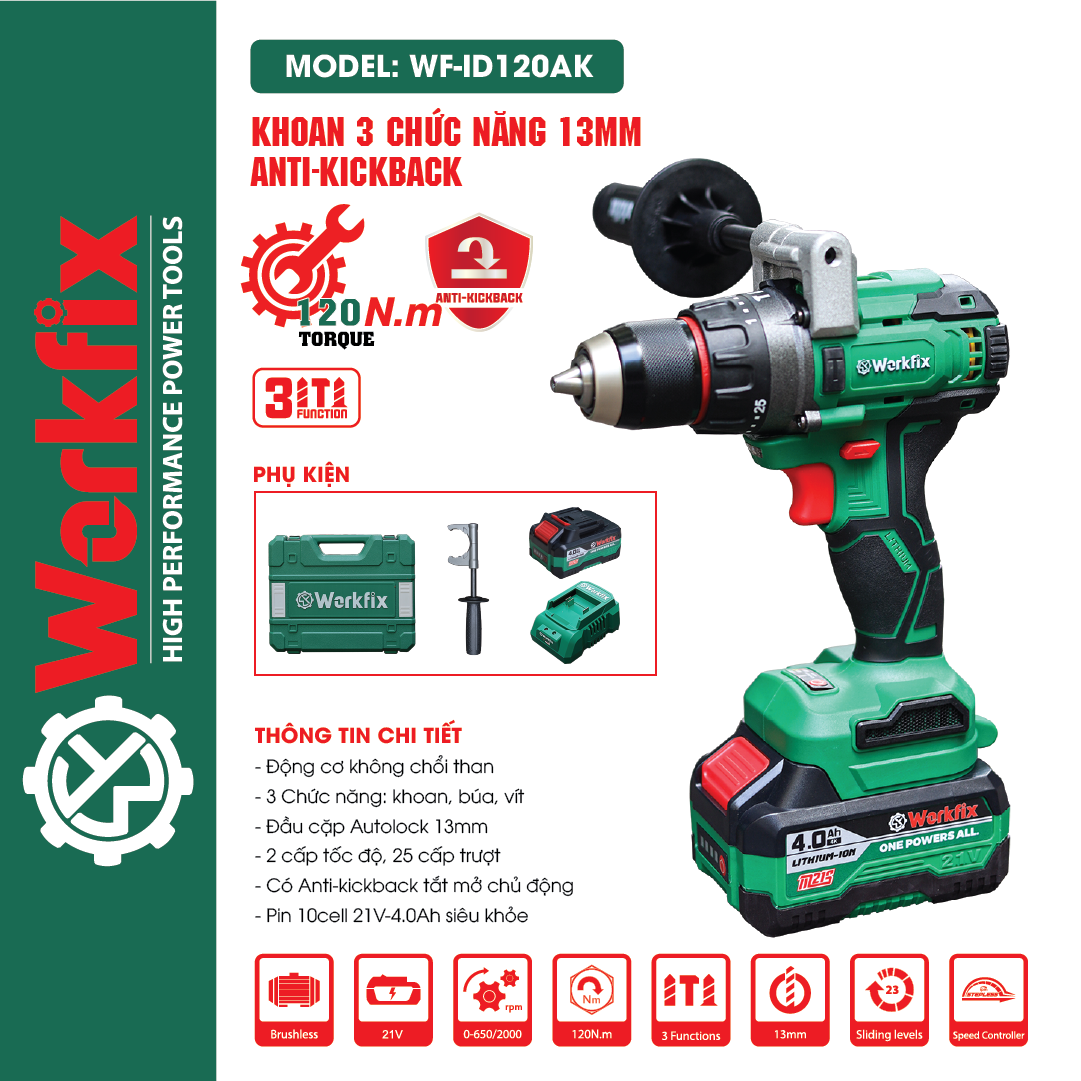 Máy Khoan Pin Workfix WF-ID120AK, Máy Bắt Vít Cầm Tay Lực Siết Khỏe 100% Lõi Đồng Bảo Hành Chính Hãng