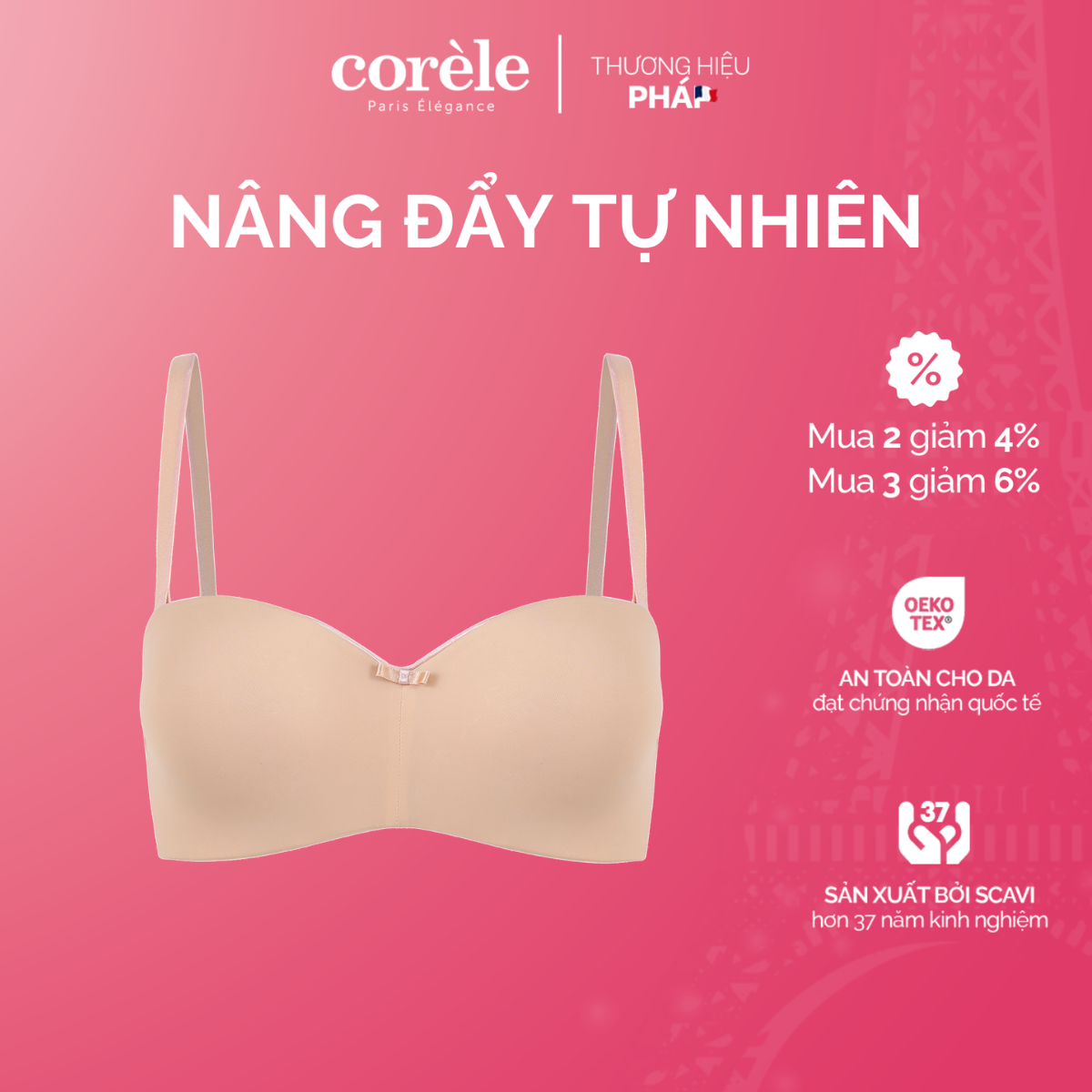 Áo ngực nữ Corèle 11137A cúp ngang mút vừa nâng vừa có gọng ẩn Silicone, tháo dây được mặc chắc chắn chống tuột, chuẩn an toàn quốc tế OEKO-TEX