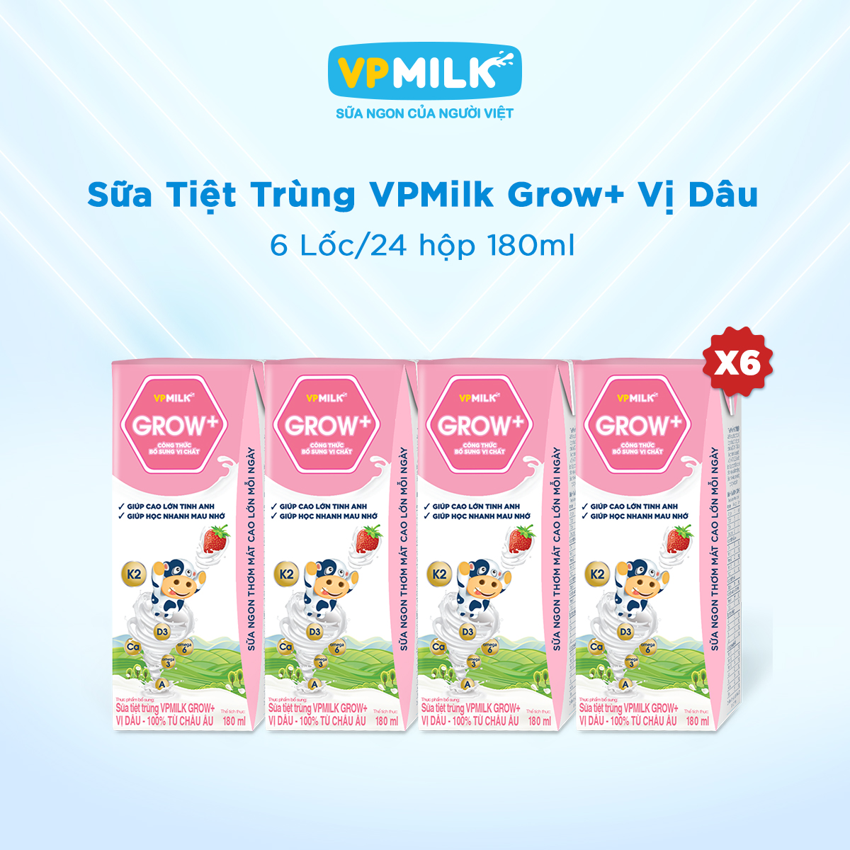 [6 Lốc 180ml] Sữa Tiệt Trùng VPMilk Grow+ Vị Dâu Cho Bé Từ 1 Tuổi