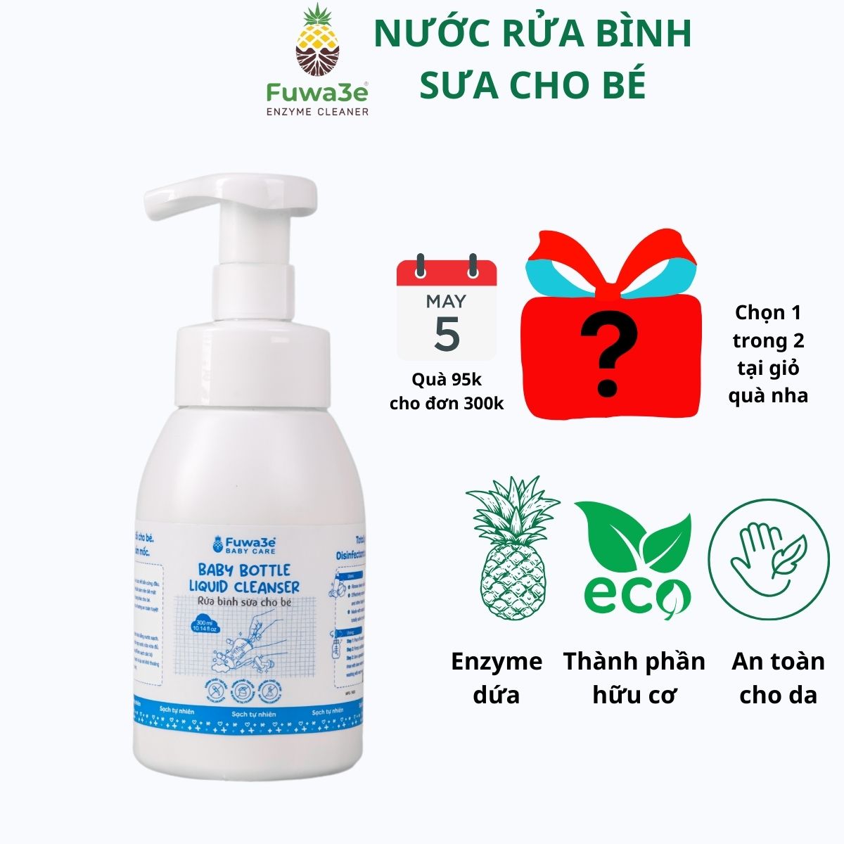 Nước rửa bình sữa hữu cơ cho bé fuwa3e 300ml, 100% enzyme dứa và hữu cơ,lành tính an toàn