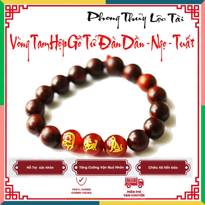 [CHỈ HÔM NAY]Vòng Tam Hợp DẦN-NGỌ-TUẤT Gỗ Tử Đàn[TẶNG NGAY]Phù Thái Tuế